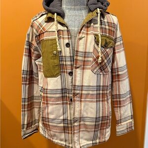 Men's Plaid Shirt Jacket with Tobacco Brown Waxed Twill Detail. Detachable Hood